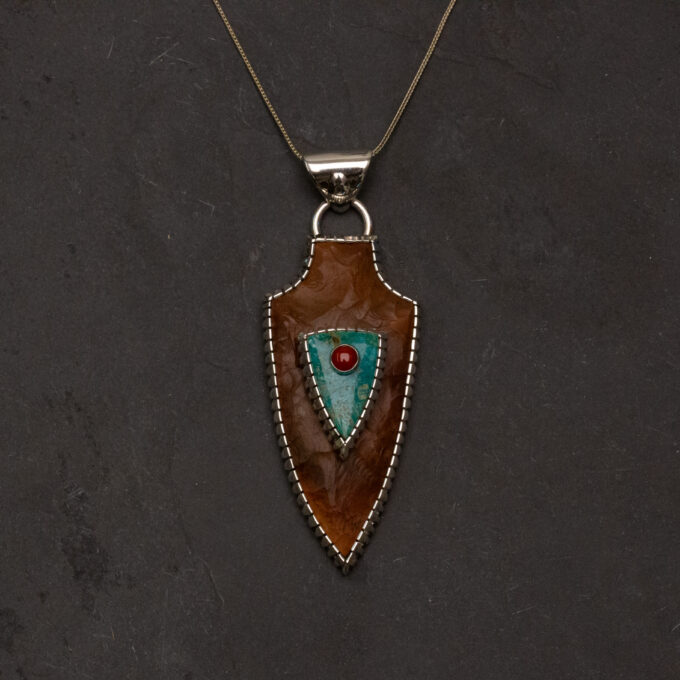 Perfect Sized Real Arrowhead Pendant with Fox Turquoise and Red Mediterranean Coral