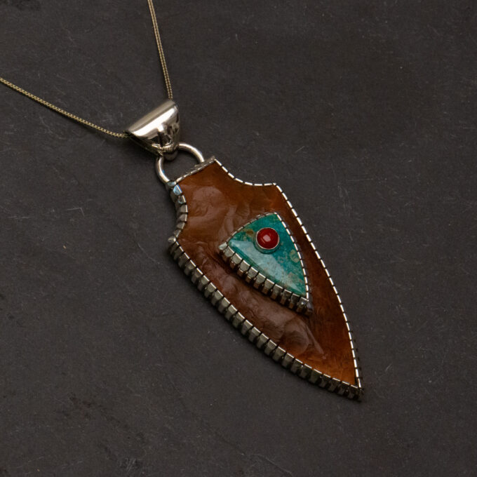 Perfect Sized Real Arrowhead Pendant with Fox Turquoise and Red Mediterranean Coral