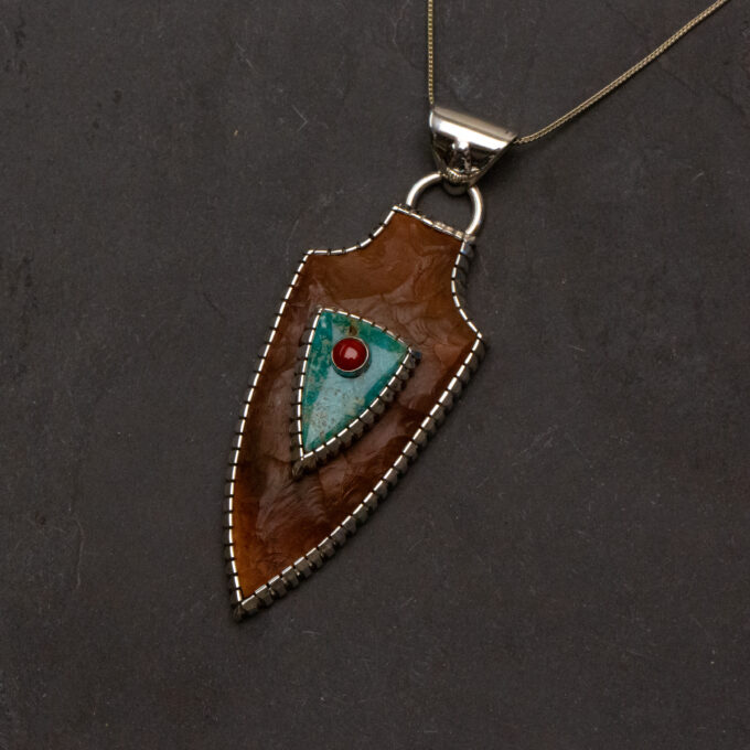 Perfect Sized Real Arrowhead Pendant with Fox Turquoise and Red Mediterranean Coral