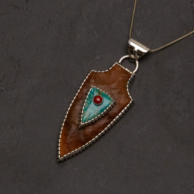 Perfect Sized Real Arrowhead Pendant with Fox Turquoise and Red Mediterranean Coral