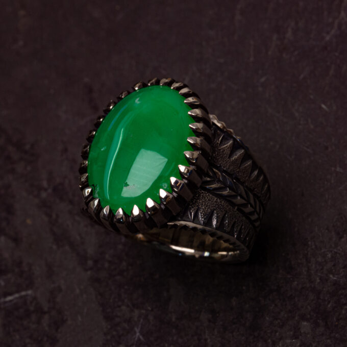 Size 13 High Grade Marlborough Chrysoprase, Stamped, Chased, Chiseled, and Castellated Heavy Sterling Silver Ring