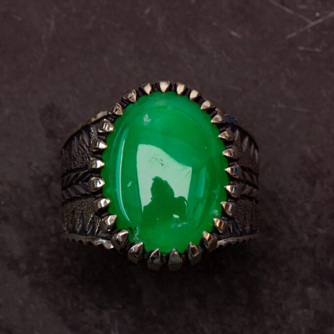 Size 13 High Grade Marlborough Chrysoprase, Stamped, Chased, Chiseled, and Castellated Heavy Sterling Silver Ring