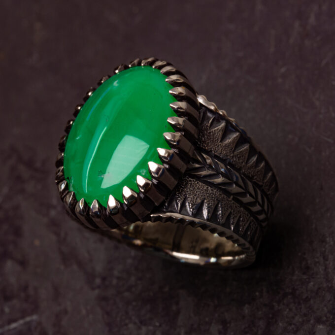 Size 13 High Grade Marlborough Chrysoprase, Stamped, Chased, Chiseled, and Castellated Heavy Sterling Silver Ring