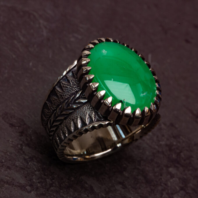 Size 13 High Grade Marlborough Chrysoprase, Stamped, Chased, Chiseled, and Castellated Heavy Sterling Silver Ring