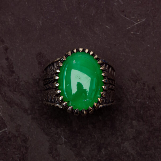 Size 13 High Grade Marlborough Chrysoprase, Stamped, Chased, Chiseled, and Castellated Heavy Sterling Silver Ring