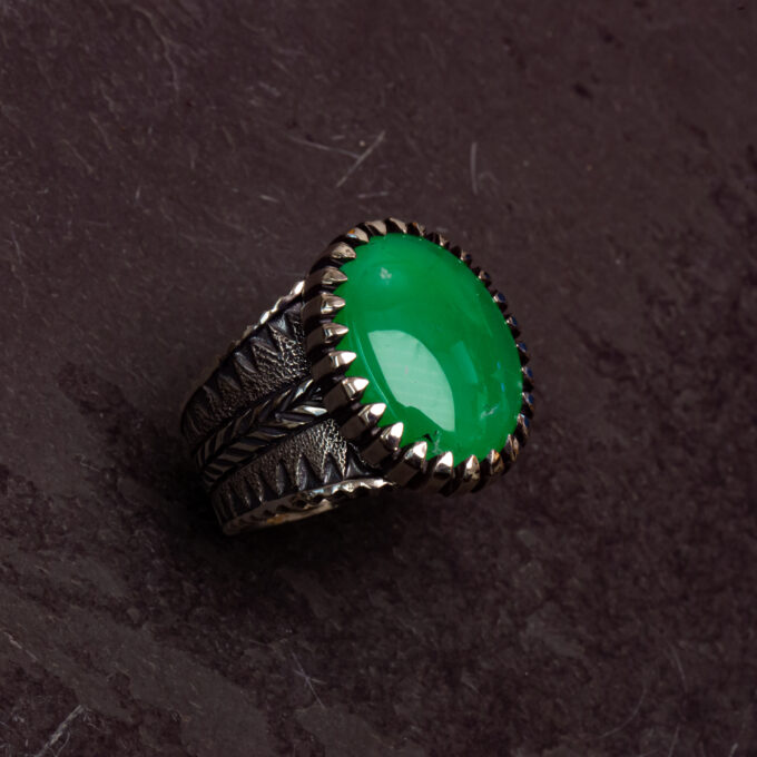 Size 13 High Grade Marlborough Chrysoprase, Stamped, Chased, Chiseled, and Castellated Heavy Sterling Silver Ring