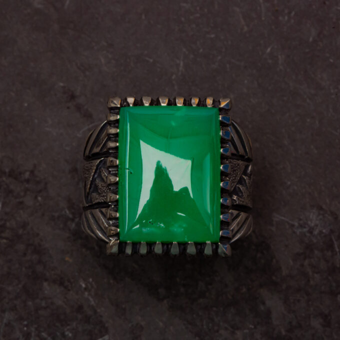 Size 11.5 High Grade Marlborough Chrysoprase Stamped,  Chased, Chiseled, Castellated and Textured Heavy Sterling Silver Ring