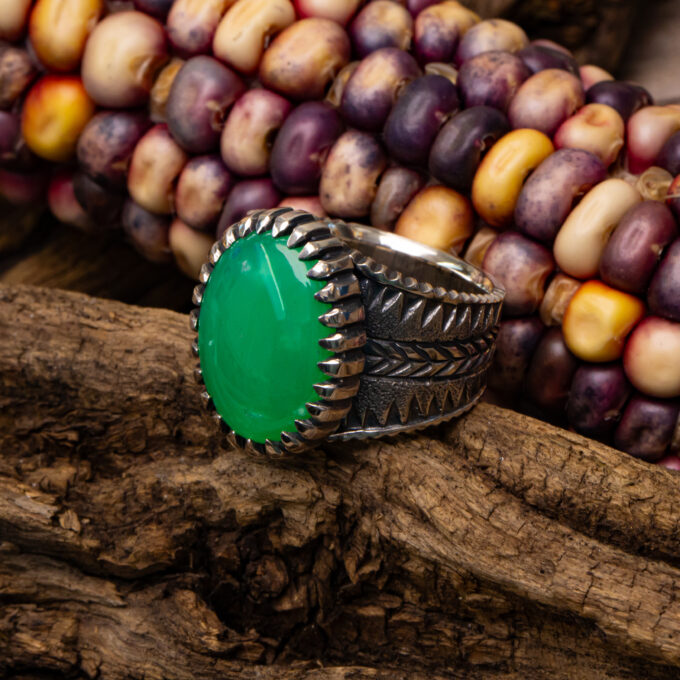 Size 13 High Grade Marlborough Chrysoprase, Stamped, Chased, Chiseled, and Castellated Heavy Sterling Silver Ring