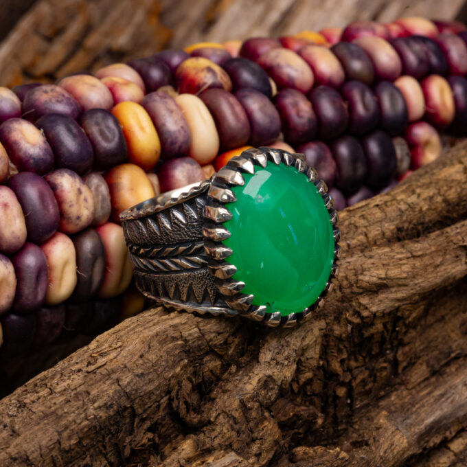 Size 13 High Grade Marlborough Chrysoprase, Stamped, Chased, Chiseled, and Castellated Heavy Sterling Silver Ring