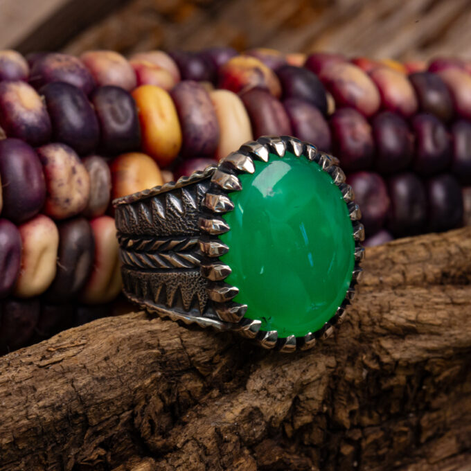 Size 13 High Grade Marlborough Chrysoprase, Stamped, Chased, Chiseled, and Castellated Heavy Sterling Silver Ring