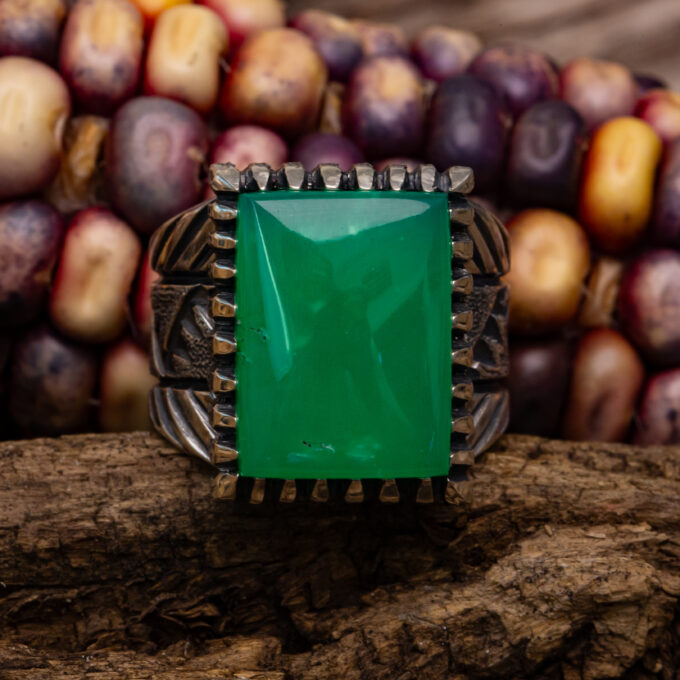 Size 11.5 High Grade Marlborough Chrysoprase Stamped,  Chased, Chiseled, Castellated and Textured Heavy Sterling Silver Ring