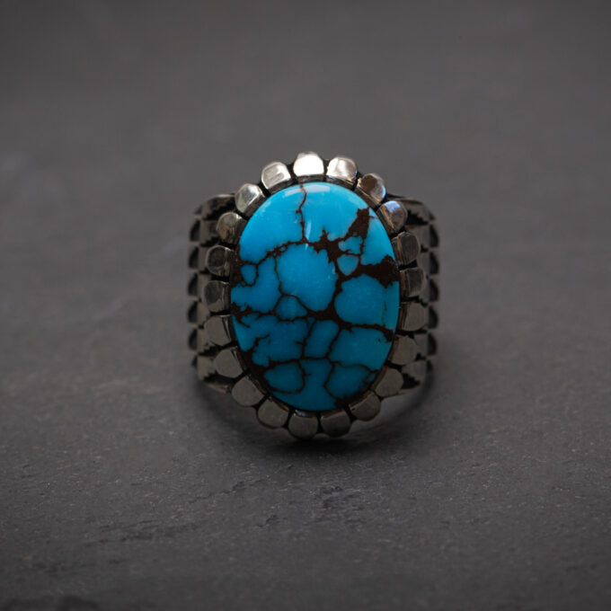 Size 8.25 High Grade Egyptian Turquoise Stamp Pattern Ring with Castellated Bezel in Sterling Silver