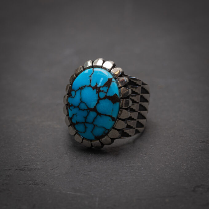 Size 8.25 High Grade Egyptian Turquoise Stamp Pattern Ring with Castellated Bezel in Sterling Silver