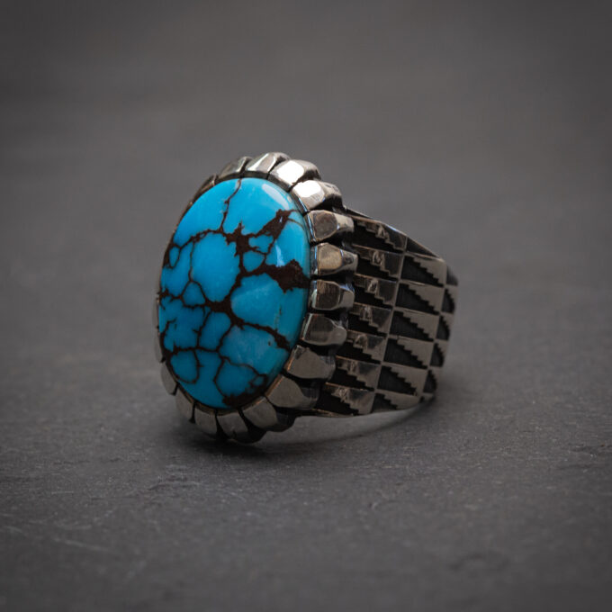 Size 8.25 High Grade Egyptian Turquoise Stamp Pattern Ring with Castellated Bezel in Sterling Silver