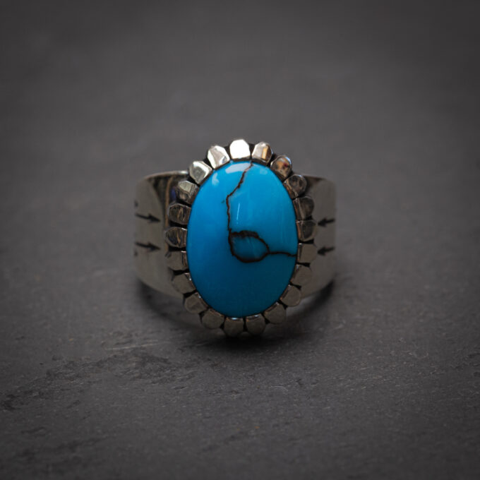 Size 7.75 High Grade Egyptian Turquoise Four Arrow Ring with Castellated Bezel in Sterling Silver