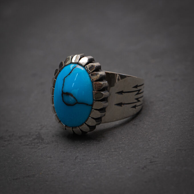 Size 7.75 High Grade Egyptian Turquoise Four Arrow Ring with Castellated Bezel in Sterling Silver