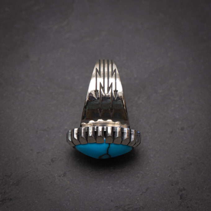 Size 7.75 High Grade Egyptian Turquoise Four Arrow Ring with Castellated Bezel in Sterling Silver