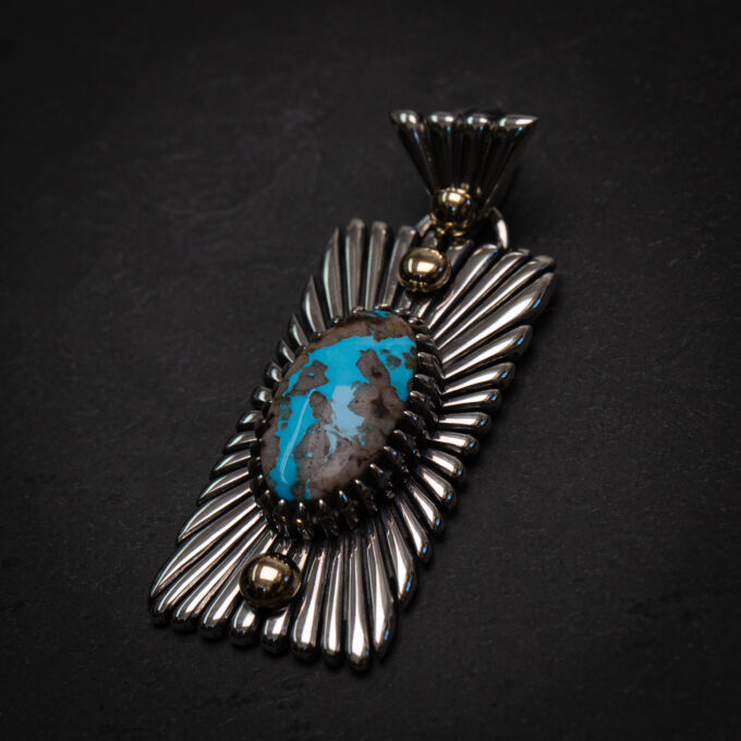 The Rising Sun Pendant with High Grade Bisbee Turquoise in Quartz with 14K Gold Accents in Sterling Silver