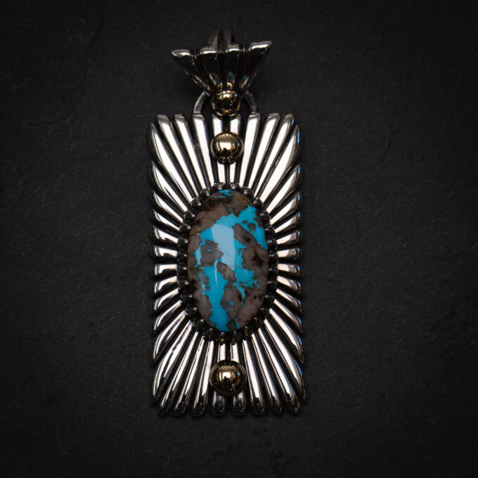 The Rising Sun Pendant with High Grade Bisbee Turquoise in Quartz with 14K Gold Accents in Sterling Silver