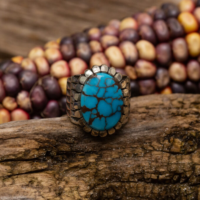 Size 8.25 High Grade Egyptian Turquoise Stamp Pattern Ring with Castellated Bezel in Sterling Silver