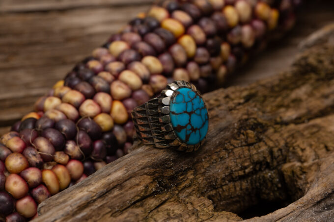 Size 8.25 High Grade Egyptian Turquoise Stamp Pattern Ring with Castellated Bezel in Sterling Silver