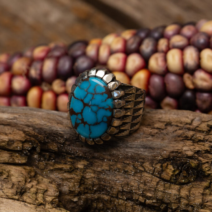 Size 8.25 High Grade Egyptian Turquoise Stamp Pattern Ring with Castellated Bezel in Sterling Silver