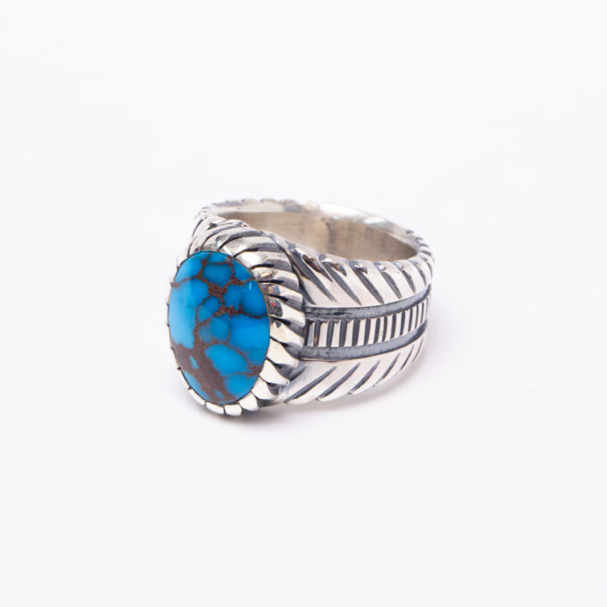 Size 12 3/4 High Grade Egyptian Turquoise Ring With Avian Motif in Sterling Silver with Spiral Castellated Bezel