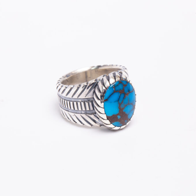 Size 12 3/4 High Grade Egyptian Turquoise Ring With Avian Motif in Sterling Silver with Spiral Castellated Bezel