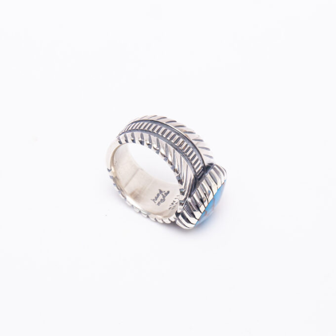 Size 12 3/4 High Grade Egyptian Turquoise Ring With Avian Motif in Sterling Silver with Spiral Castellated Bezel