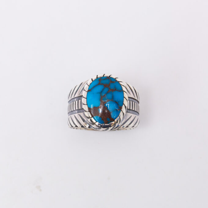 Size 12 3/4 High Grade Egyptian Turquoise Ring With Avian Motif in Sterling Silver with Spiral Castellated Bezel