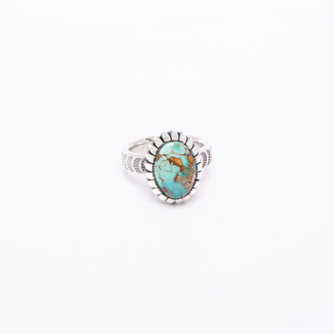 Size 5 Natural Royston Turquoise Ring With Castellated Bezel and Stamping Detail