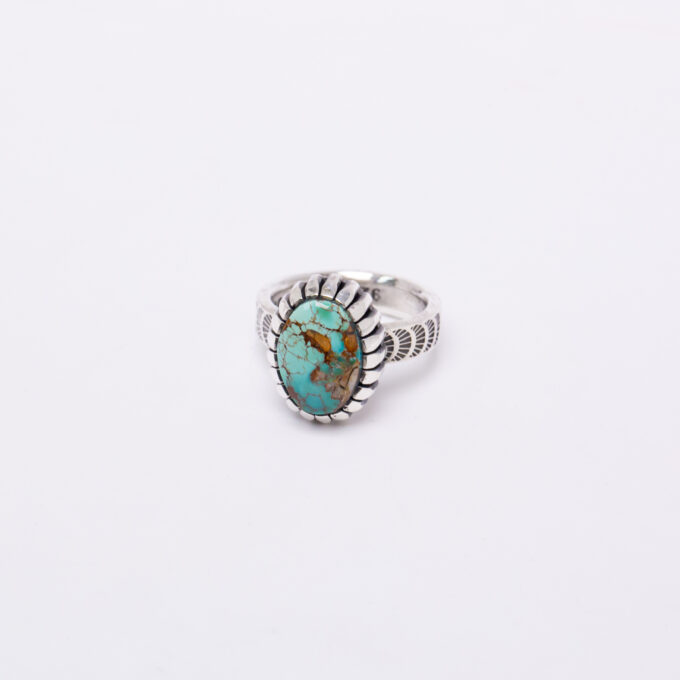 Size 5 Natural Royston Turquoise Ring With Castellated Bezel and Stamping Detail