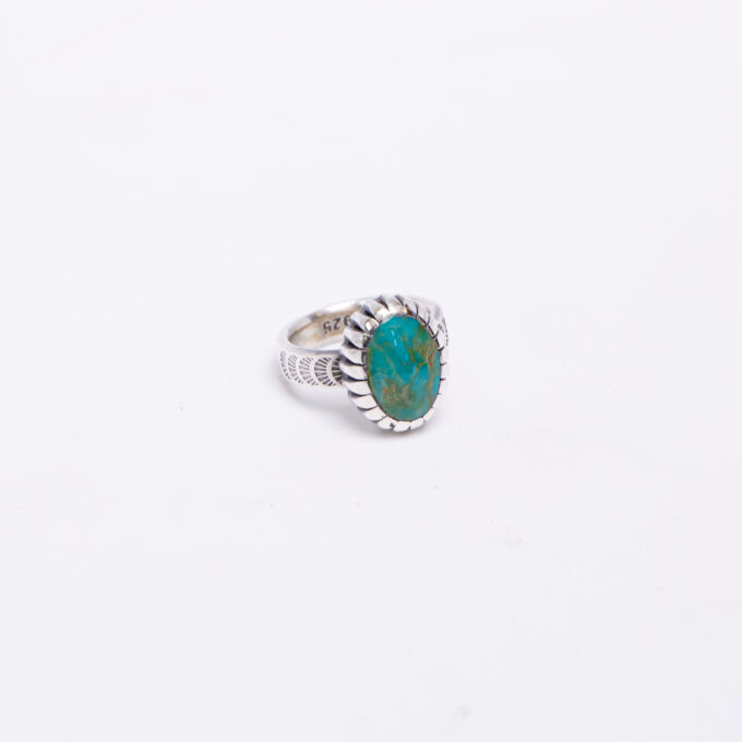 Size 3.25 Stamped Design Natural Lick Skillet / King's Manassa Turquoise Ring