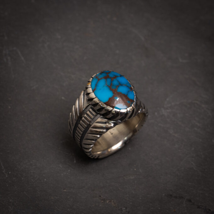 Size 12 3/4 High Grade Egyptian Turquoise Ring With Avian Motif in Sterling Silver with Spiral Castellated Bezel