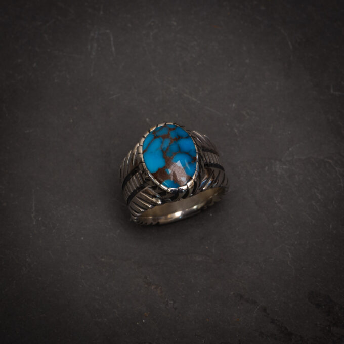 Size 12 3/4 High Grade Egyptian Turquoise Ring With Avian Motif in Sterling Silver with Spiral Castellated Bezel