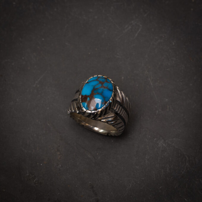 Size 12 3/4 High Grade Egyptian Turquoise Ring With Avian Motif in Sterling Silver with Spiral Castellated Bezel