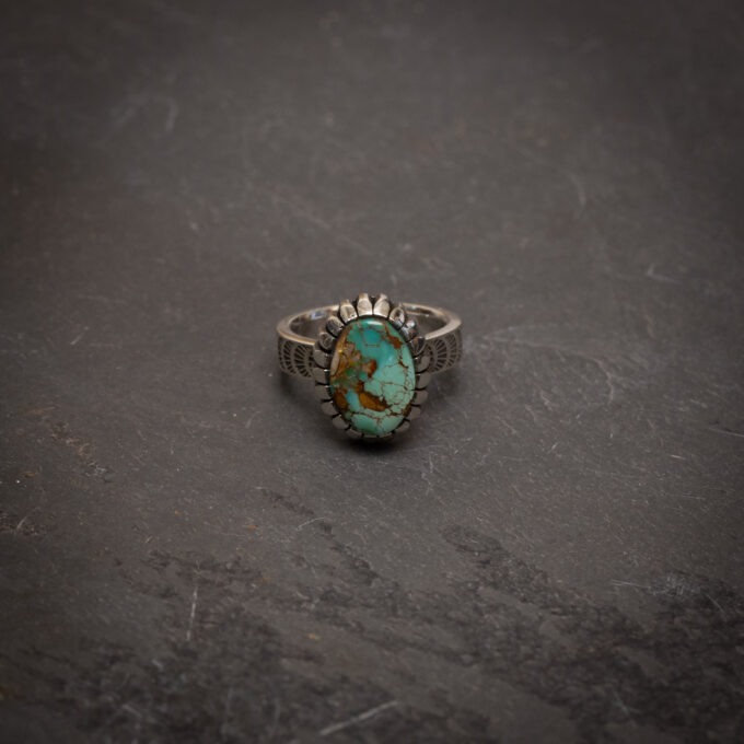 Size 5 Natural Royston Turquoise Ring With Castellated Bezel and Stamping Detail