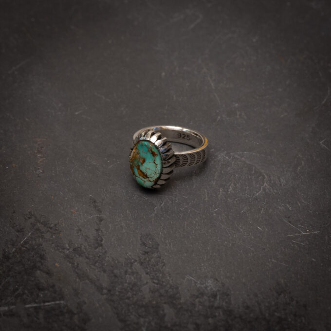 Size 5 Natural Royston Turquoise Ring With Castellated Bezel and Stamping Detail