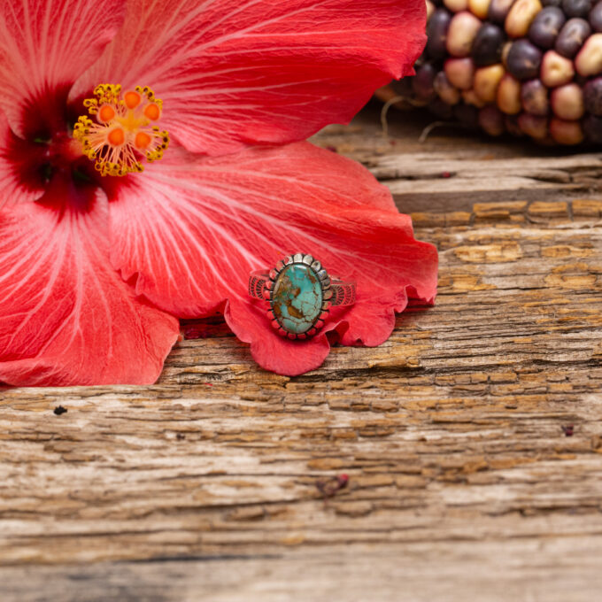 Size 5 Natural Royston Turquoise Ring With Castellated Bezel and Stamping Detail