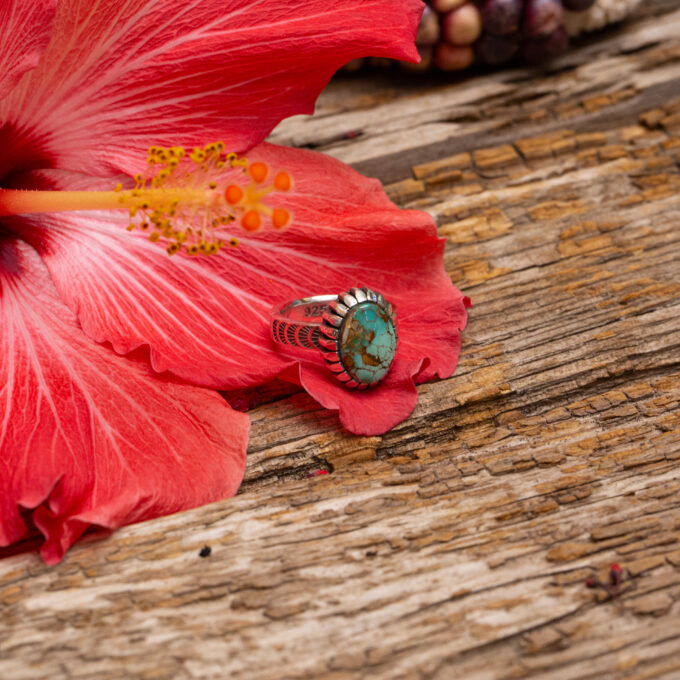 Size 5 Natural Royston Turquoise Ring With Castellated Bezel and Stamping Detail