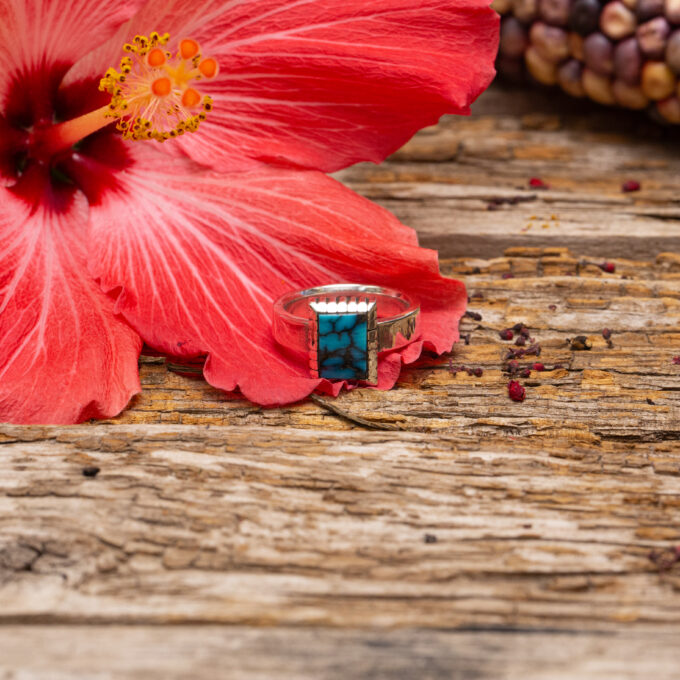 Size 8.75 Natural Turquoise Mountain Ring With Castellated Bezel Simple Smooth Band