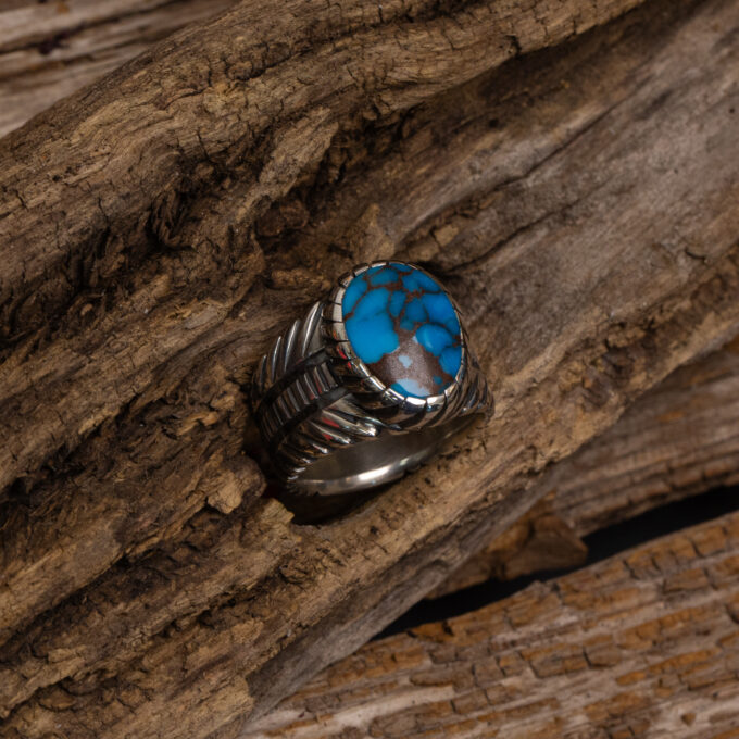 Size 12 3/4 High Grade Egyptian Turquoise Ring With Avian Motif in Sterling Silver with Spiral Castellated Bezel