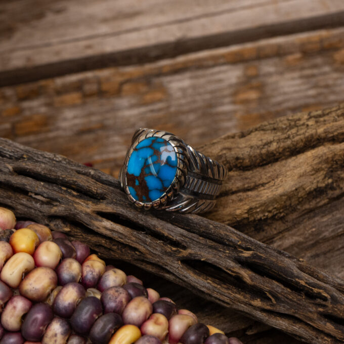 Size 12 3/4 High Grade Egyptian Turquoise Ring With Avian Motif in Sterling Silver with Spiral Castellated Bezel