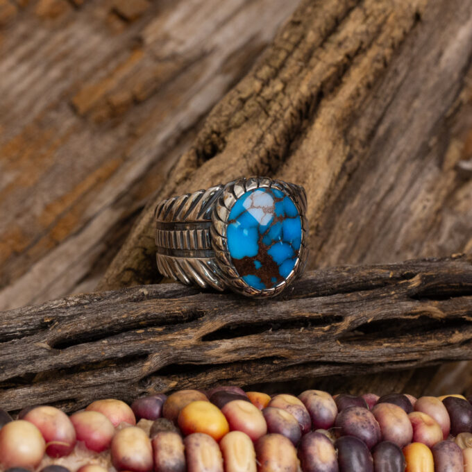 Size 12 3/4 High Grade Egyptian Turquoise Ring With Avian Motif in Sterling Silver with Spiral Castellated Bezel